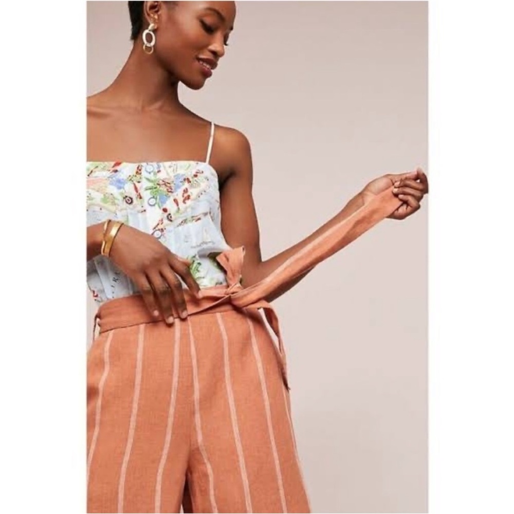 ANTHROPOLOGIE Cropped Wide Leg Linen Pant, Tie Front, Coral & White Stripe, M